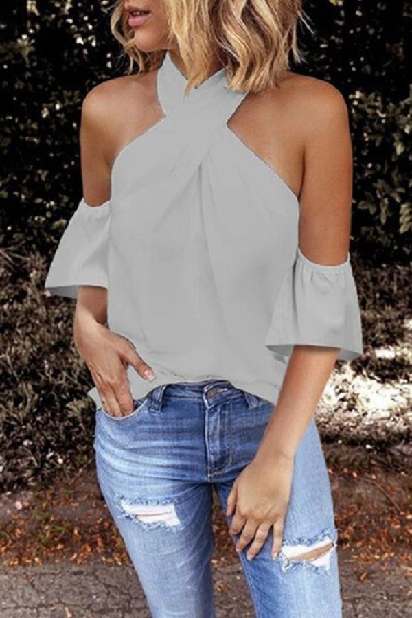 Off-shoulder Halterneck Solid Color Short-sleeved Top