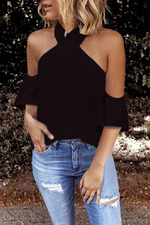 Off-shoulder Halterneck Solid Color Short-sleeved Top