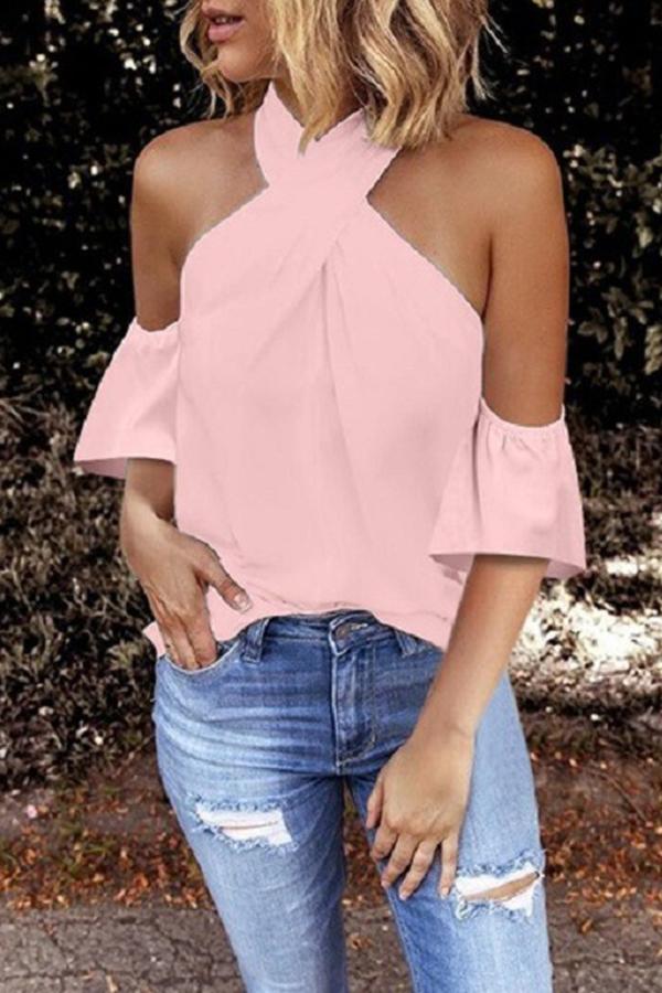 Off-shoulder Halterneck Solid Color Short-sleeved Top