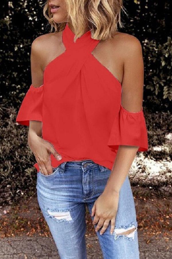 Off-shoulder Halterneck Solid Color Short-sleeved Top