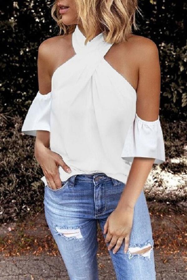 Off-shoulder Halterneck Solid Color Short-sleeved Top