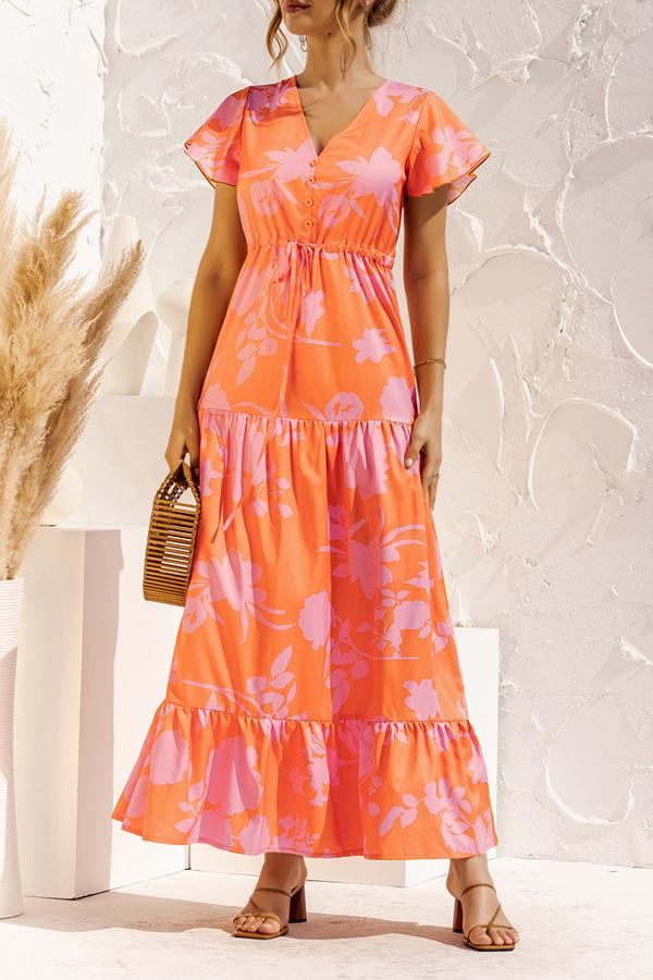 V-neck Floral Print Maxi Dress