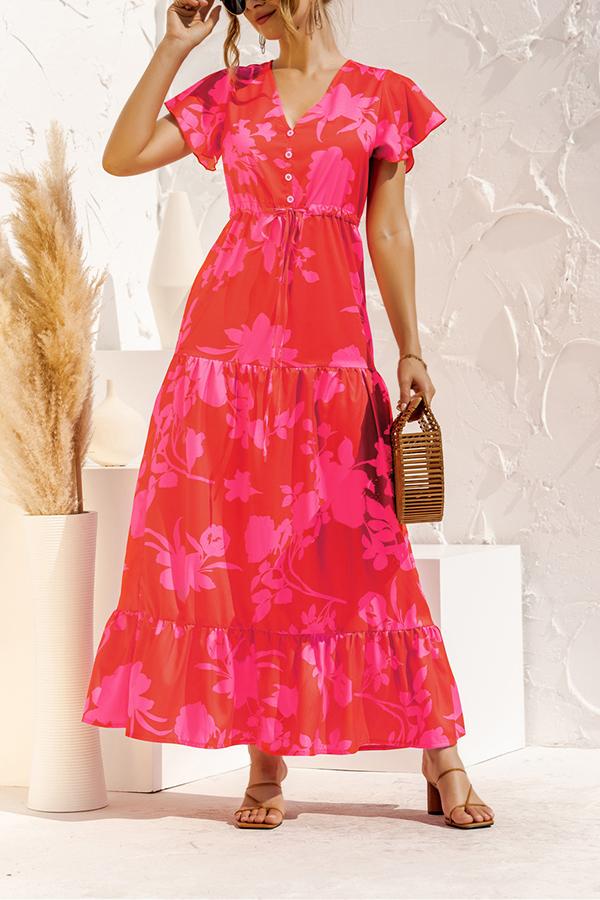 V-neck Floral Print Maxi Dress