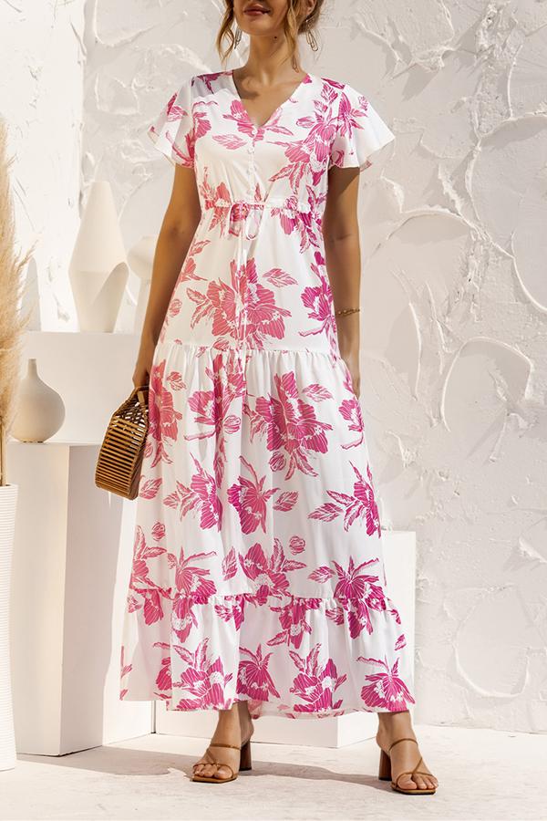 V-neck Floral Print Maxi Dress