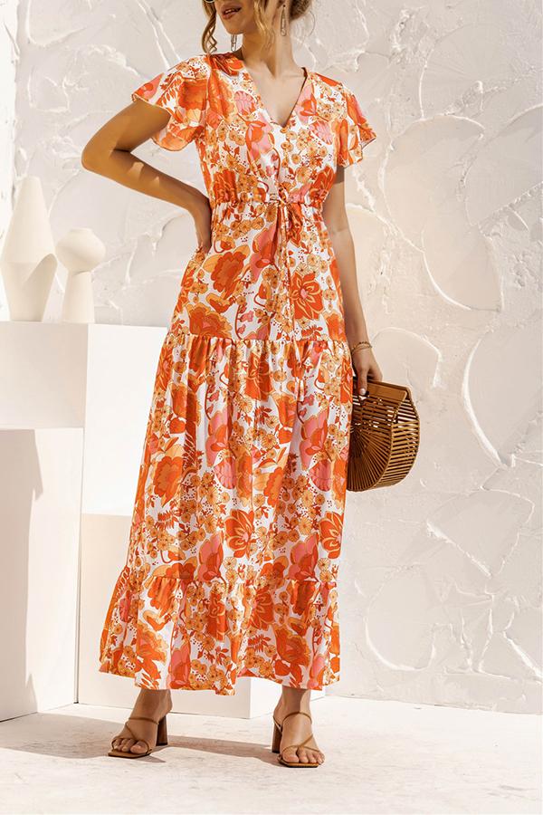 V-neck Floral Print Maxi Dress