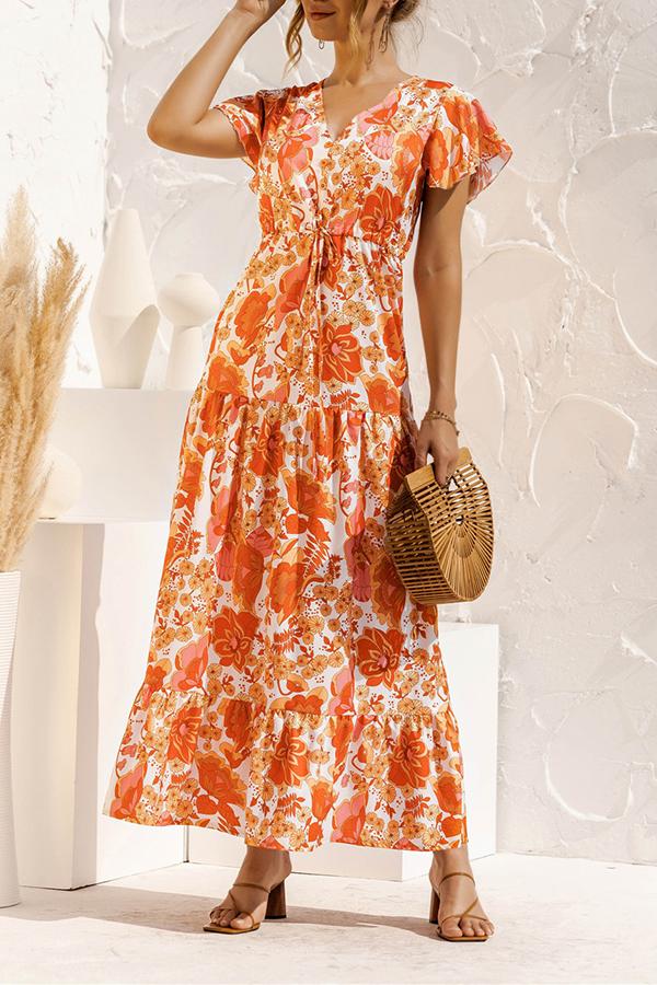 V-neck Floral Print Maxi Dress