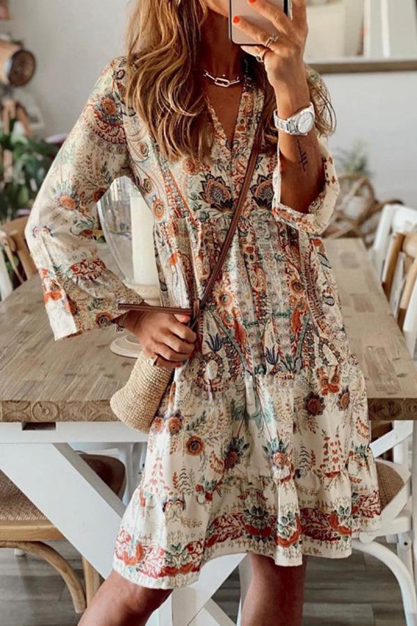 FashionVintage Floral Print V-neck Midi Dress