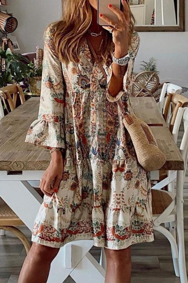 FashionVintage Floral Print V-neck Midi Dress