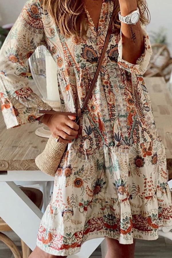 FashionVintage Floral Print V-neck Midi Dress