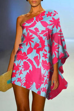 One-shoulder Open Back Leaf Print Mini Dress