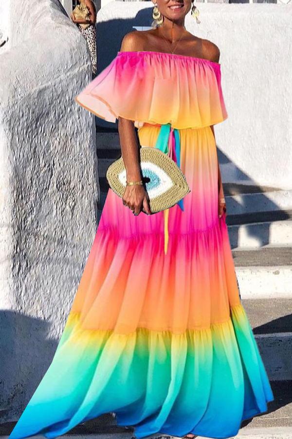 Rainbow Off-shoulder Maxi Dress