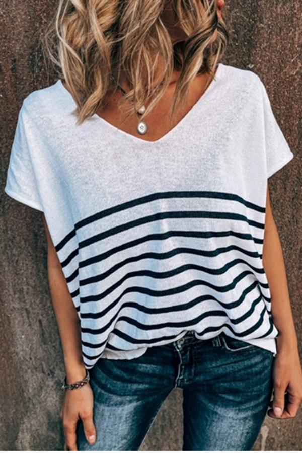 V-neck Striped Loose T-shirt