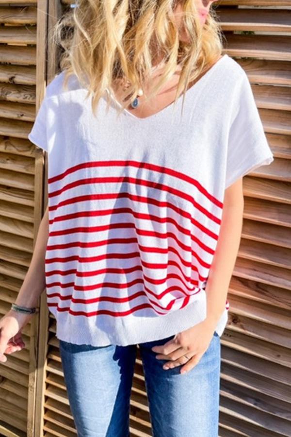 V-neck Striped Loose T-shirt