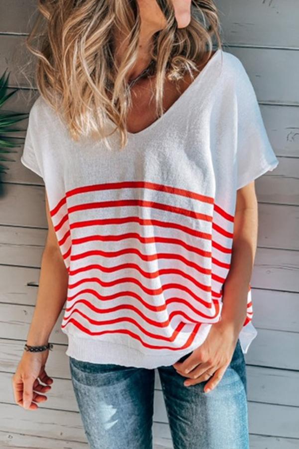 V-neck Striped Loose T-shirt