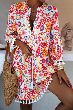 Vintage Floral Geometric Printed Tassel Boho Plus Size 3/4 Sleeves V Neck Casual Dresses