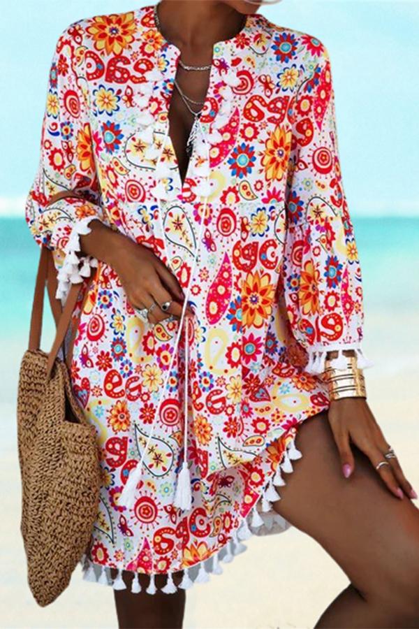 Vintage Floral Geometric Printed Tassel Boho Plus Size 3/4 Sleeves V Neck Casual Dresses