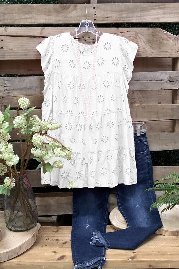 Hollow Flower Ruffled Cotton T-shirt