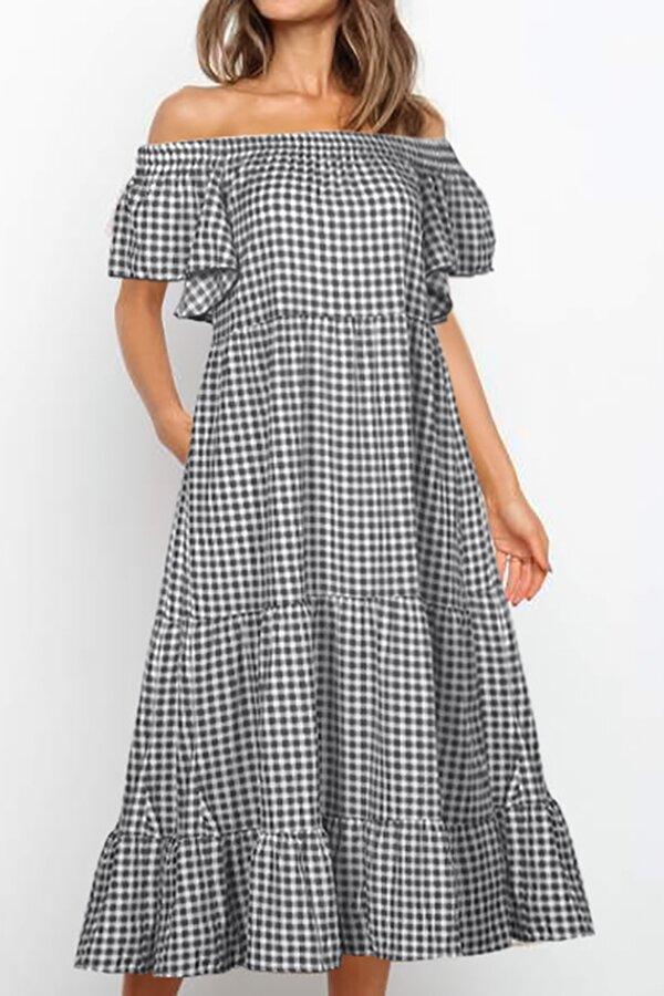 Off The Shoulder Ruffle Sleeve Plaid Dress