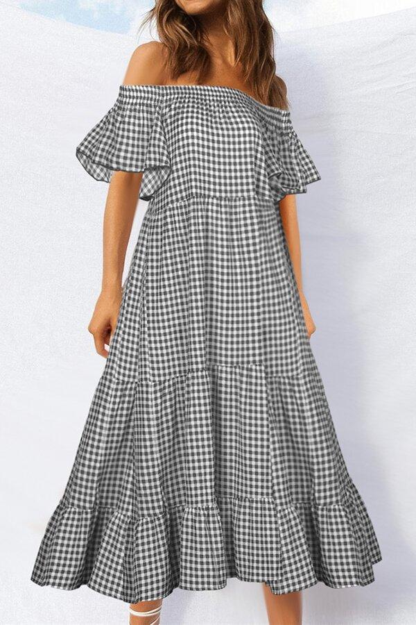 Off The Shoulder Ruffle Sleeve Plaid Dress