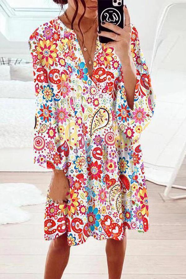 Color Printed V-neck Fringed Dress