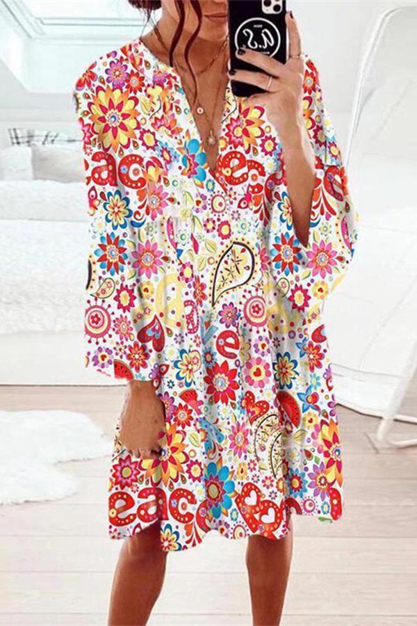 Color Printed V-neck Fringed Dress