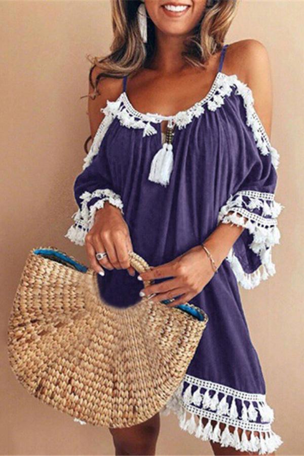 Halter Fringe Solid Off Shoulder Dress