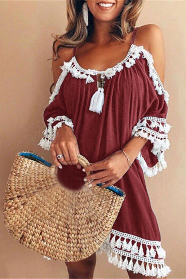 Halter Fringe Solid Off Shoulder Dress