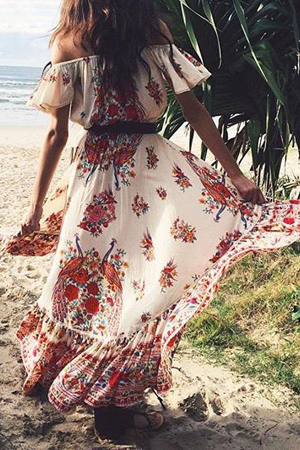 Off Shoulder Short Sleeve Floor-Length Patchwork Spring Dress