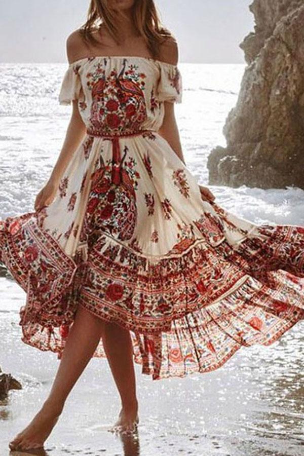 Off Shoulder Short Sleeve Floor-Length Patchwork Spring Dress