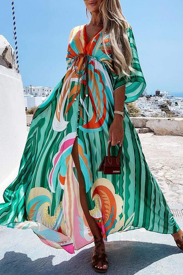 Green V-neck Printed Split Maxi Dress