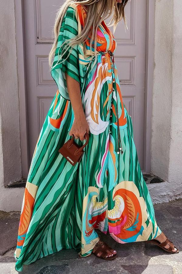 Green V-neck Printed Split Maxi Dress