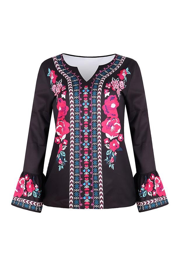 Loose Ethnic Print Long-sleeved T-shirt