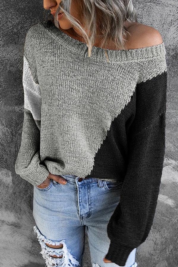 Irregular Color Block Off-shoulder Sweater