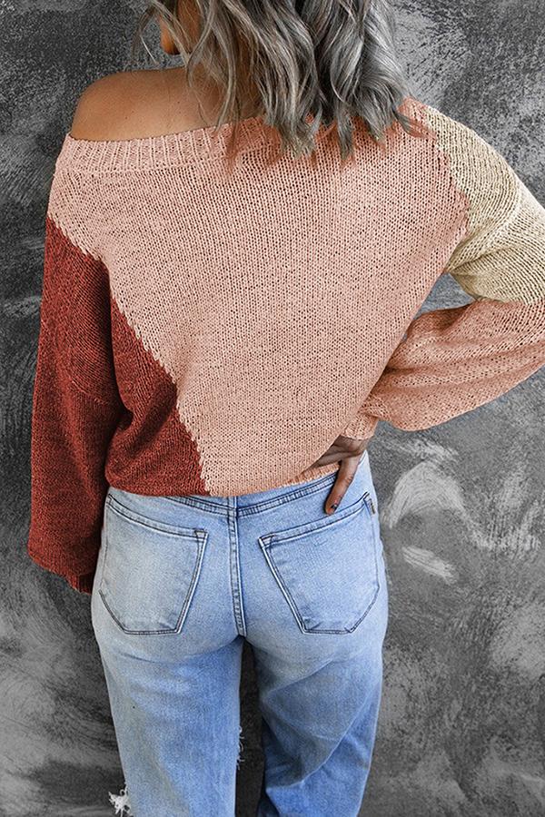 Irregular Color Block Off-shoulder Sweater