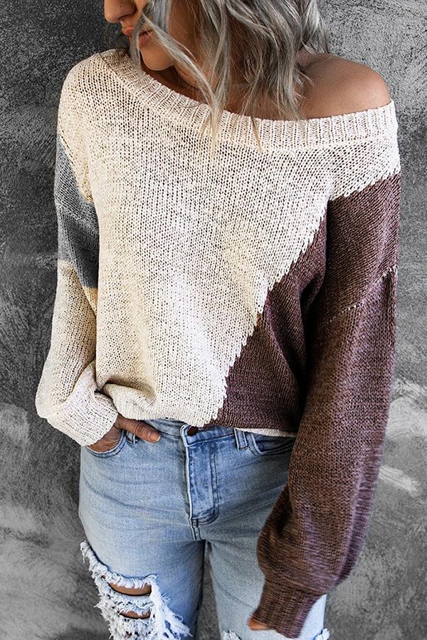 Irregular Color Block Off-shoulder Sweater