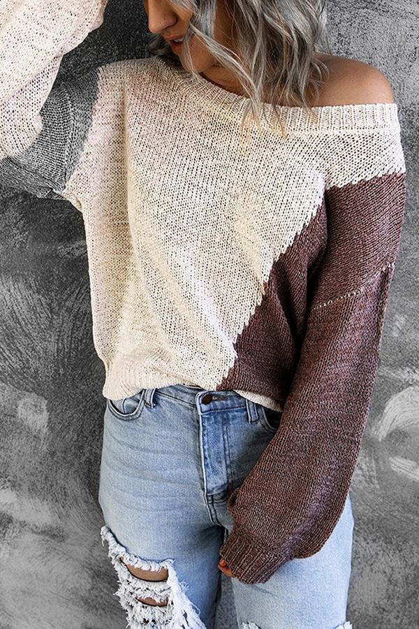 Irregular Color Block Off-shoulder Sweater