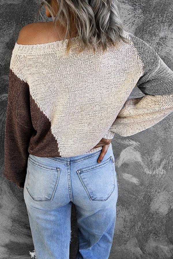 Irregular Color Block Off-shoulder Sweater