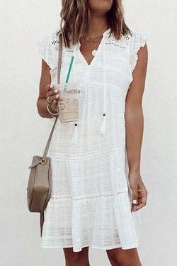 Fringed V-neck Ruffle Sleeve Dress