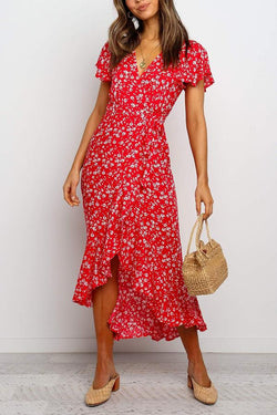 Red V-neck Floral Split Dress