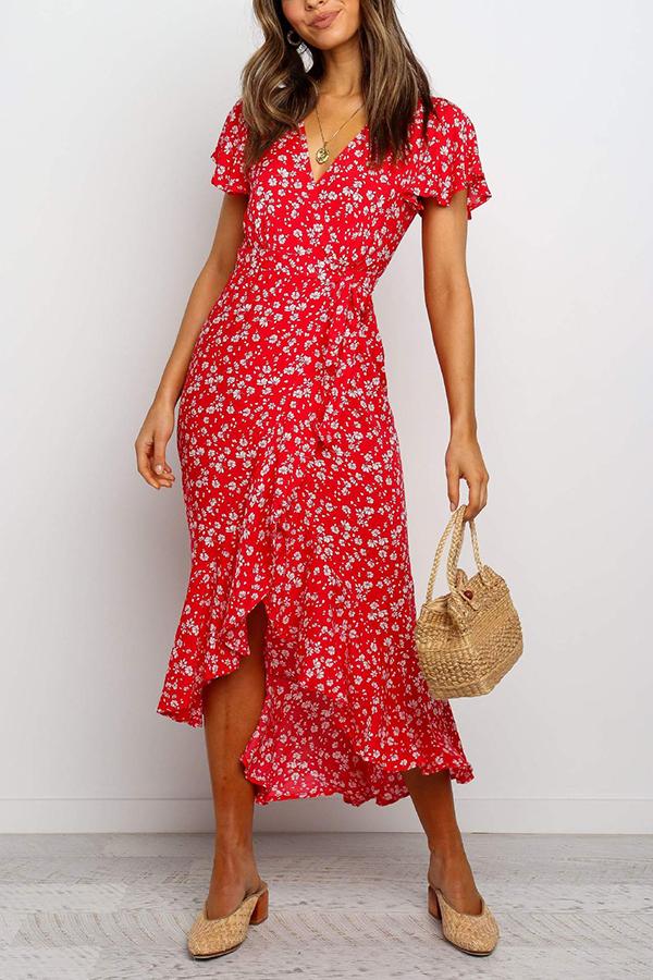 Red V-neck Floral Split Dress