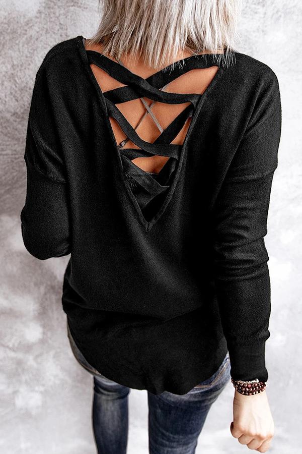 Black Long-sleeved T-shirt With Cross Back Tie