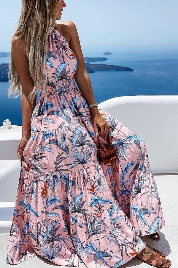 Club Tropicana Smocked Halter Maxi Dress