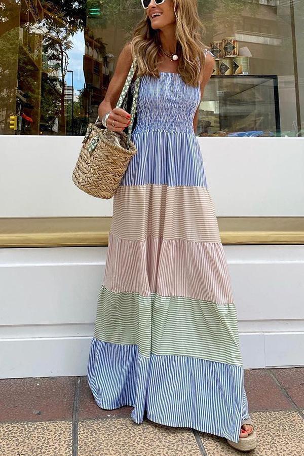 Faint Rainbow Cotton Textured Stripe Maxi Dress