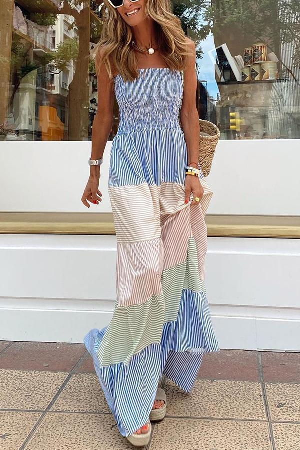 Faint Rainbow Cotton Textured Stripe Maxi Dress