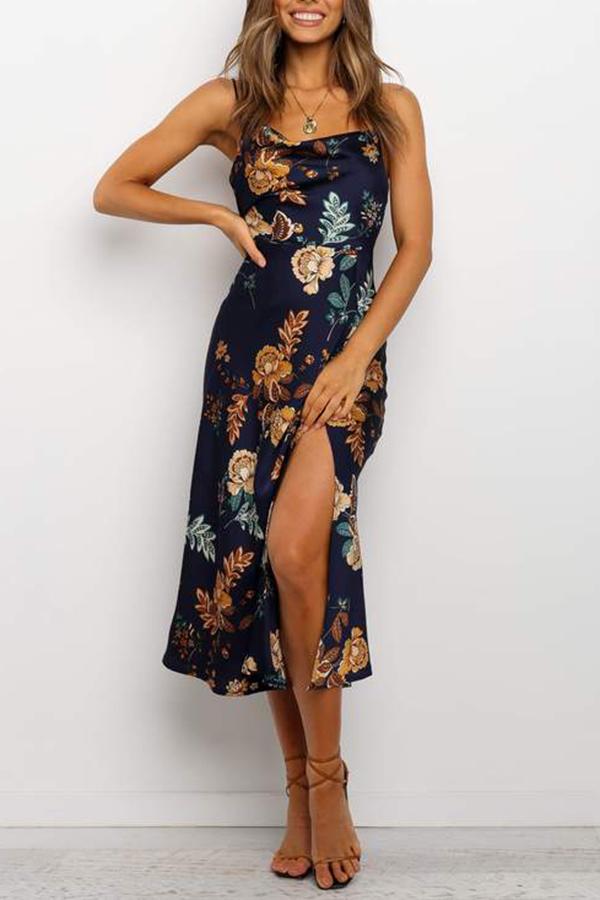 Retro Floral Print Sexy Sling Midi Dress