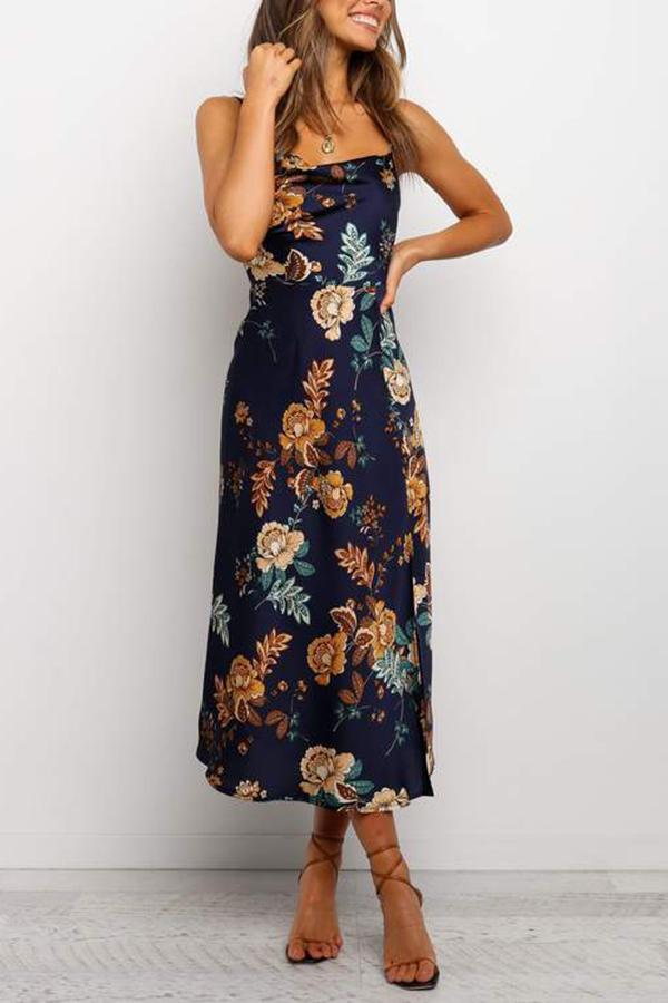 Retro Floral Print Sexy Sling Midi Dress