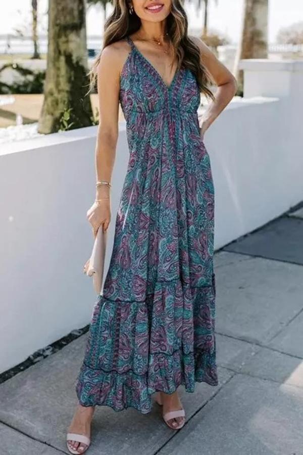 V-neck Cashew Flower Print Maxi Strap Dress