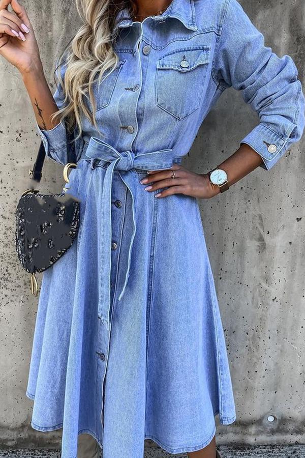 Denim Casual High Waist Pocket Lapel Dress