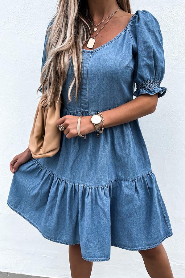 Denim Blue V-neck Puff Sleeve Mini Dress