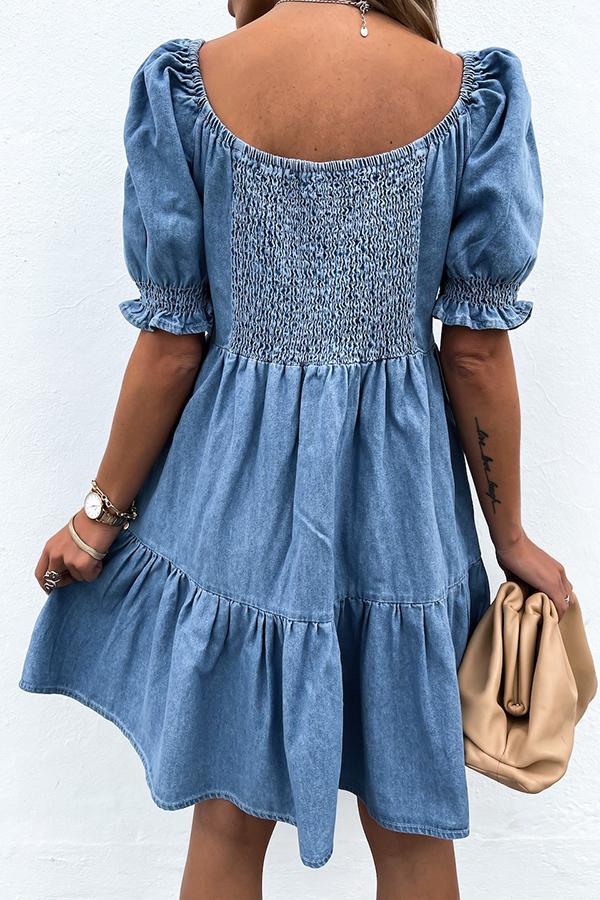 Denim Blue V-neck Puff Sleeve Mini Dress